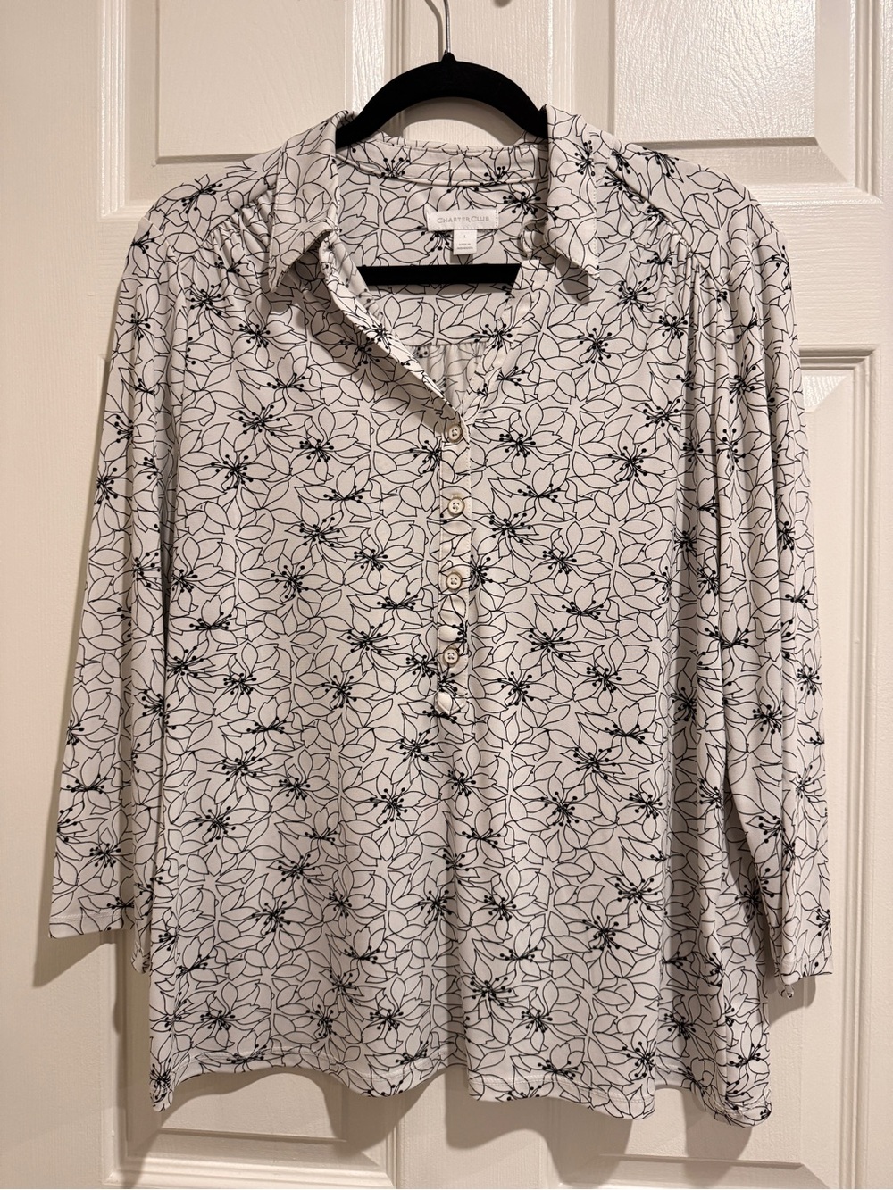 Charter Club White Black Floral Print Button Front Blouse Size L